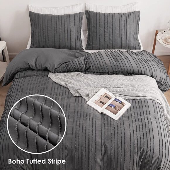 Boho Duvet Cover Striped Textured Duvet Cover Set Tufted Bedding Set  Gray - Picture 2 of 9